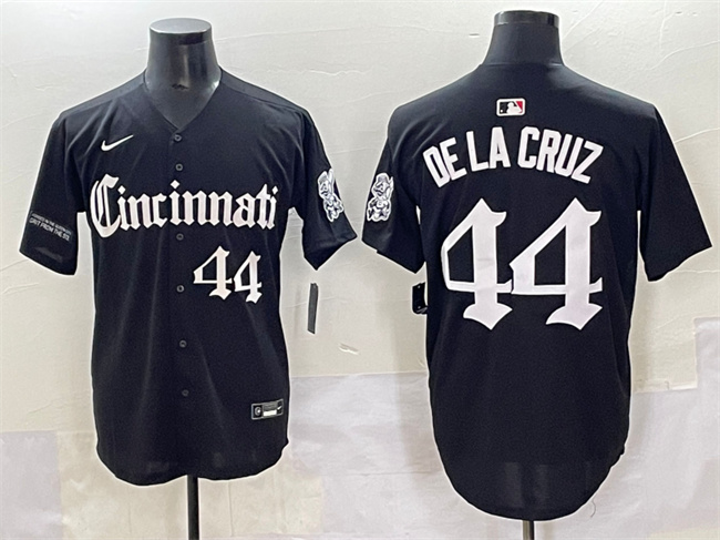 Personalized Men’s Cincinnati Reds #44 Elly De La Cruz Black ‘Gothic Queen City Edition’ Premier Limited Stitched Baseball Jersey