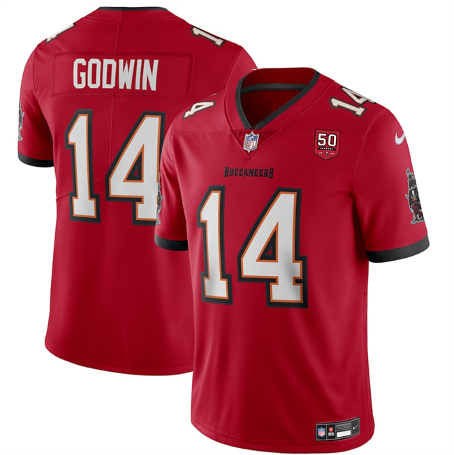 Personalized Men’s Tampa Bay Buccaneers #14 Chris Godwin Red 2025 50th Anniversary Patch Untouchable Limited Stitched Football Jersey