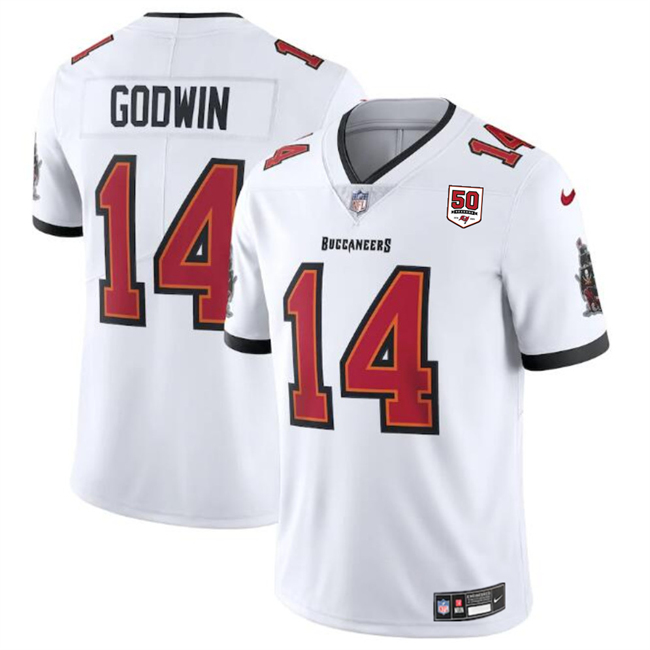 Personalized Men’s Tampa Bay Buccaneers #14 Chris Godwin White 2025 50th Anniversary Patch Untouchable Limited Stitched Football Jersey