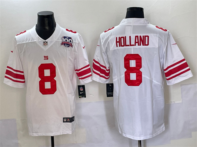 Personalized Men’s New York Giants #8 Jevon Holland White 2025 With 100th Season Patch Untouchable Limited Stitched Jersey