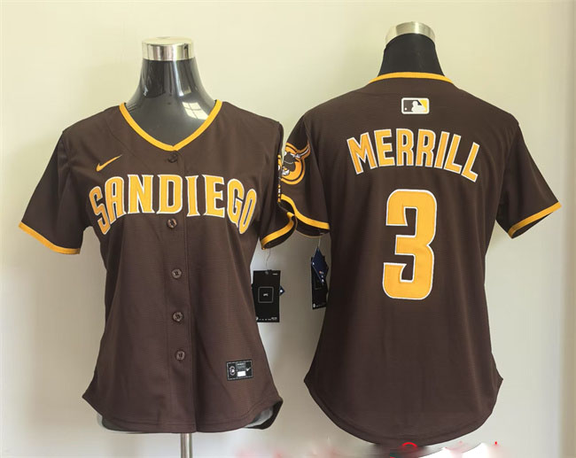 Personalized Women’s San Diego Padres #3 Jackson Merrill Brown Away Stitched Baseball Jersey(Run Small)