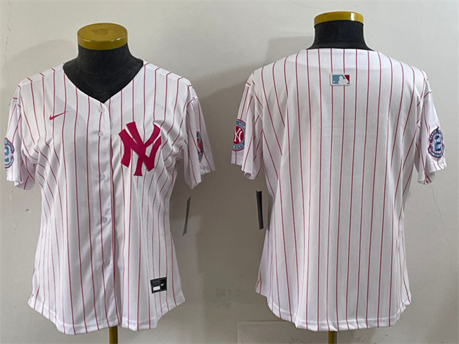 Personalized Women’s New York Yankees Blank White Pink Pinstripe Limited Stitched Baseball Jersey(Run Small)