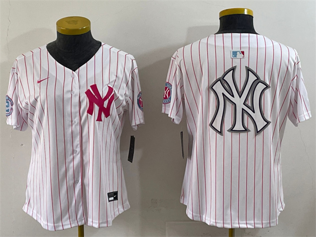 Personalized Women’s New York Yankees Team Big Logo White Pink Pinstripe Limited Stitched Baseball Jersey (Run Small)