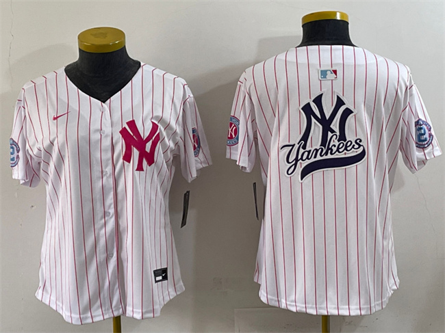 Personalized Women’s New York Yankees Team Big Logo White Pink Pinstripe Limited Stitched Baseball Jersey (Run Small)