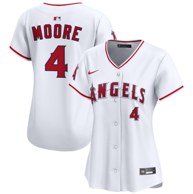 Personalized Women’s Los Angeles Angels #4 Christian Moore White Home Stitched Baseball Jersey(Run Small)