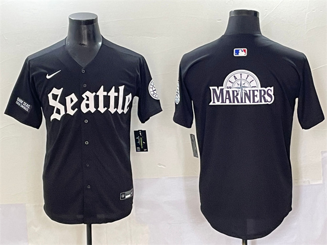 Personalized Men’s Seattle Mariners Team Big Logo Black ‘Deep Sea Gothic Edition’ Premier Limited Stitched Baseball Jerseys