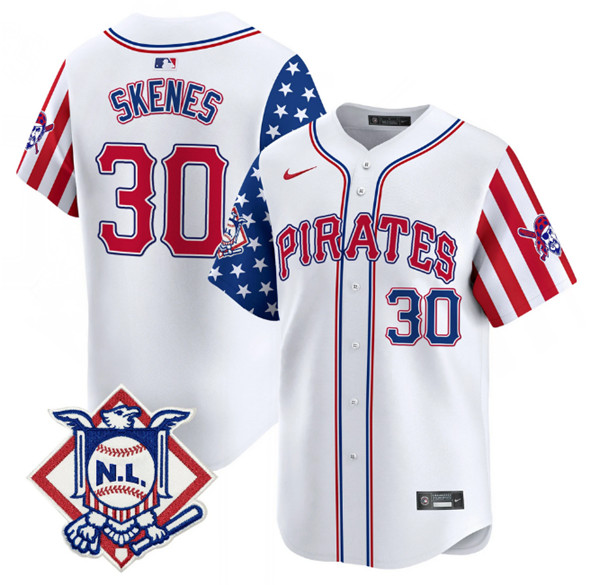 Personalized Men’s Pittsburgh Pirates #30 Paul Skenes White 2024 Fourth of July Limited Stitched Baseball Jersey