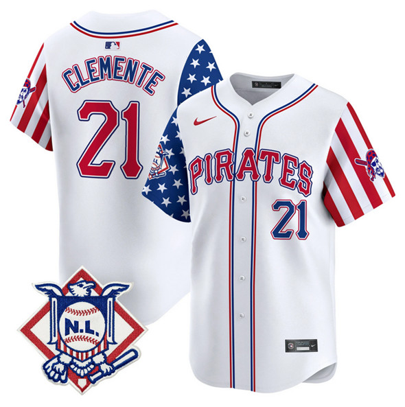 Personalized Men’s Pittsburgh Pirates #21 Roberto Clemente White 2024 Fourth of July Limited Stitched Baseball Jersey