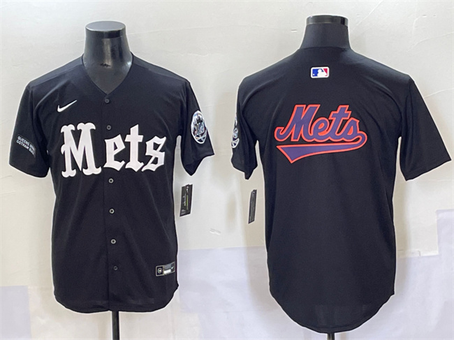 Personalized Men’s New York Mets Team Big Logo Black ‘Gotham Gothic Edition’ Premier Limited Stitched Baseball Jersey