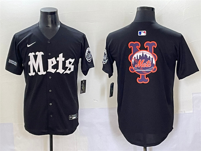 Personalized Men’s New York Mets Team Big Logo Black ‘Gotham Gothic Edition’ Premier Limited Stitched Baseball Jerseys