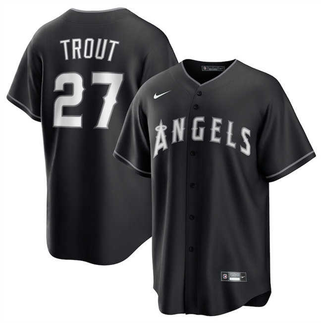Personalized Men’s Los Angeles Angels #27 Mike Trout Black Lights Out Limited Stitched Baseball Jersey