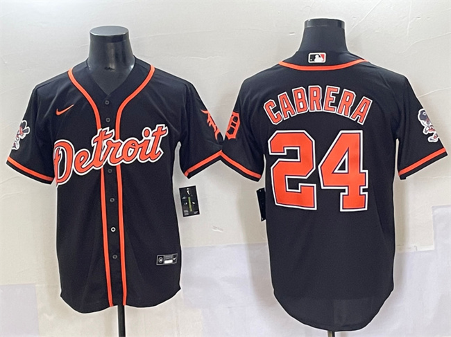 Personalized Men’s Detroit Tigers #24 Miguel Cabrera Black With Patch Cool Base Stitched Baseball Jersey