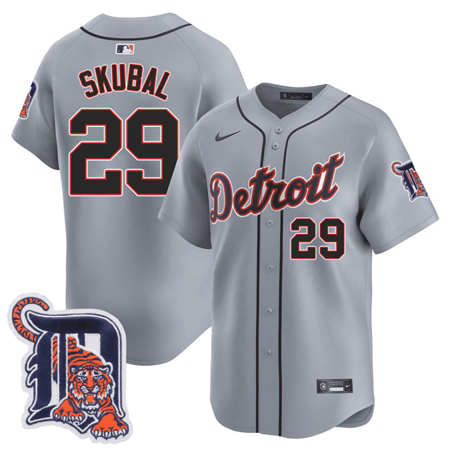 Personalized Men’s Detroit Tigers #29 Tarik Skubal Grey Logo Patch Premier Limited Stitched Baseball Jersey