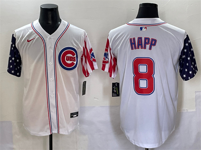 Personalized Men’s Chicago Cubs #8 Ian Happ White 2025 Independence Day Premier Limited Stitched Baseball Jersey