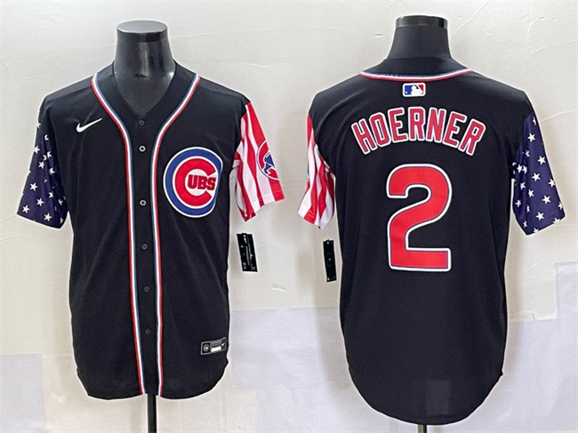 Personalized Men’s Chicago Cubs #2 Nico Hoerner Black 2025 Independence Day Premier Limited Stitched Baseball Jersey