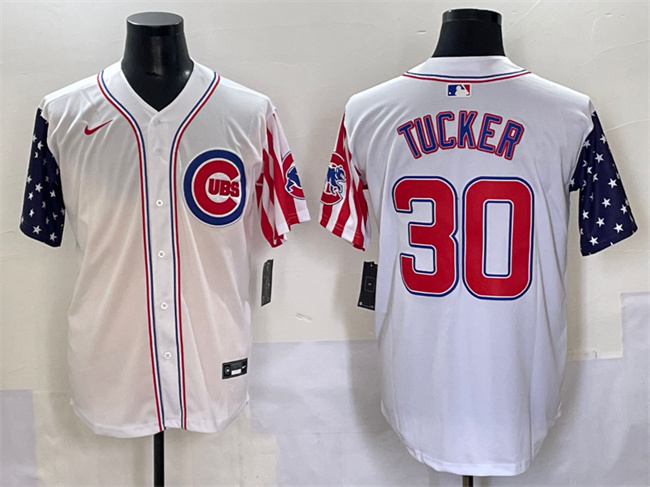 Personalized Men’s Chicago Cubs #30 Kyle Tucker White 2025 Independence Day Premier Limited Stitched Baseball Jersey