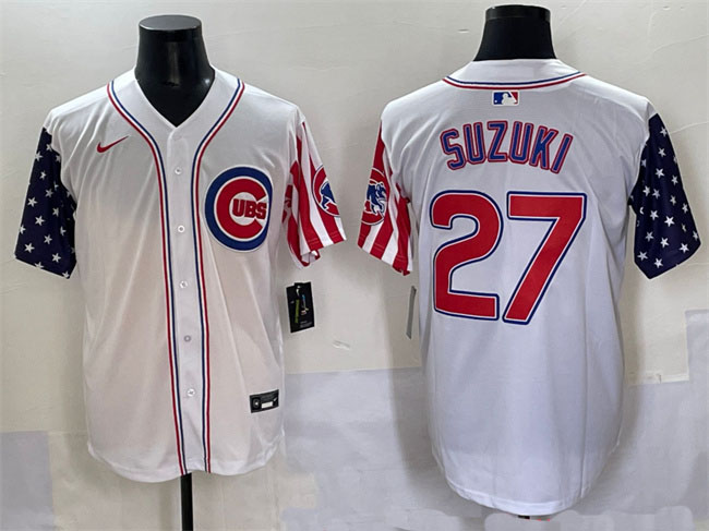 Personalized Men’s Chicago Cubs #27 Seiya Suzuki White 2025 Independence Day Premier Limited Stitched Baseball Jersey