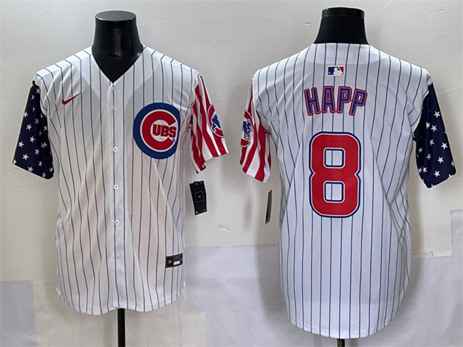 Personalized Men’s Chicago Cubs #8 Ian Happ White Pinstripe 2025 Independence Day Premier Limited Stitched Baseball Jersey