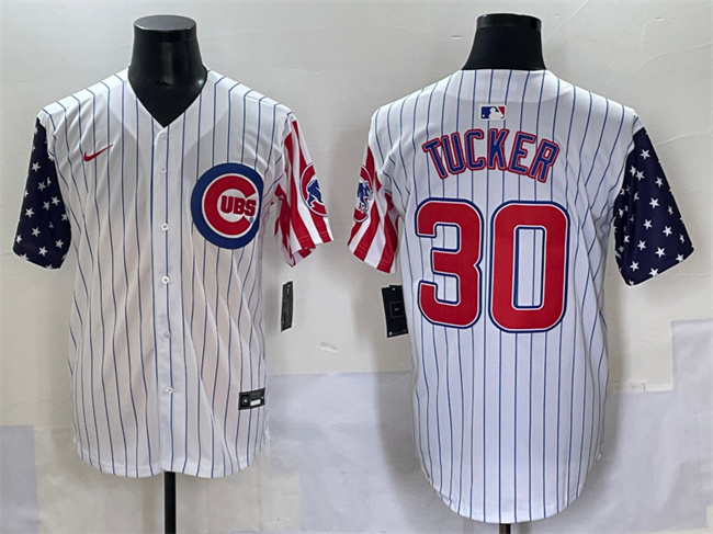 Personalized Men’s Chicago Cubs #30 Kyle Tucker White Pinstripe 2025 Independence Day Premier Limited Stitched Baseball Jersey