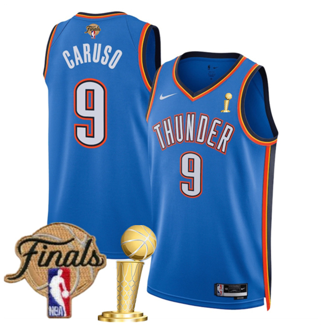 Personalized Men’s Oklahoma City Thunder #9 Alex Caruso Blue 2025 Finals Patch And Finals Champions Patch Icon Edition Stitched Basketball Jersey