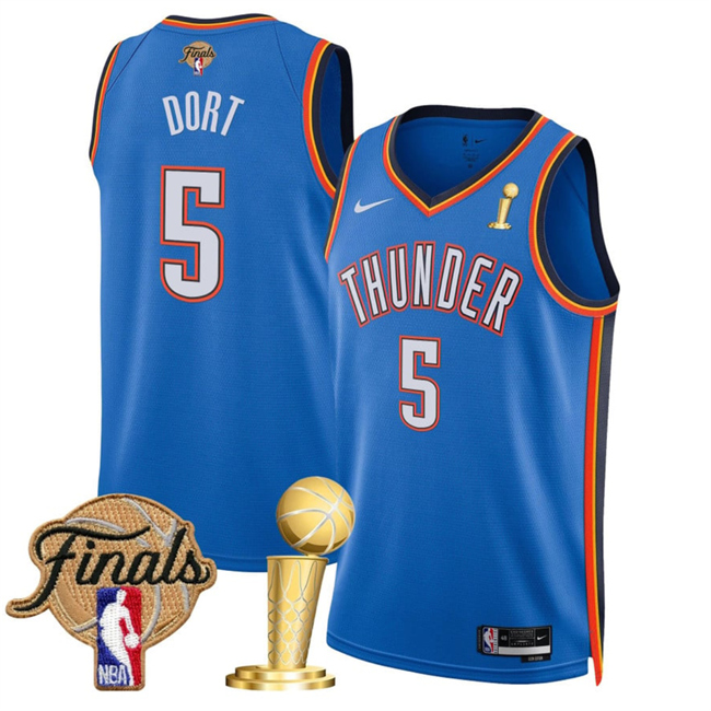 Personalized Men’s Oklahoma City Thunder #5 Luguentz Dort Blue 2025 Finals Patch And Finals Champions Patch Icon Edition Stitched Basketball Jersey