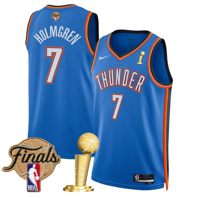 Personalized Men’s Oklahoma City Thunder #7 Chet Holmgren Blue 2025 Finals Patch And Finals Champions Patch Icon Edition Stitched Basketball Jersey