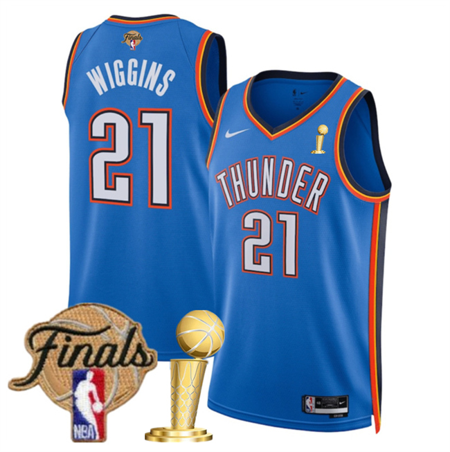 Personalized Men’s Oklahoma City Thunder #21 Aaron Wiggins Blue 2025 Finals Patch And Finals Champions Patch Icon Edition Stitched Basketball Jersey