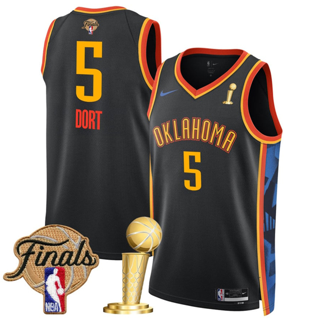 Personalized Men’s Oklahoma City Thunder #5 Luguentz Dort Black 2025 Finals Patch And Finals Champions Patch City Edition Stitched Basketball Jersey