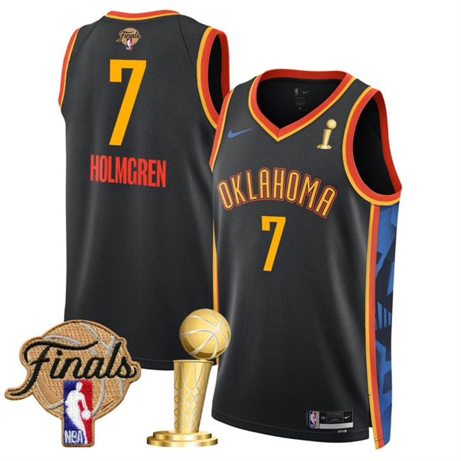 Personalized Men’s Oklahoma City Thunder #7 Chet Holmgren Black 2025 Finals Patch And Finals Champions Patch City Edition Stitched Basketball Jersey