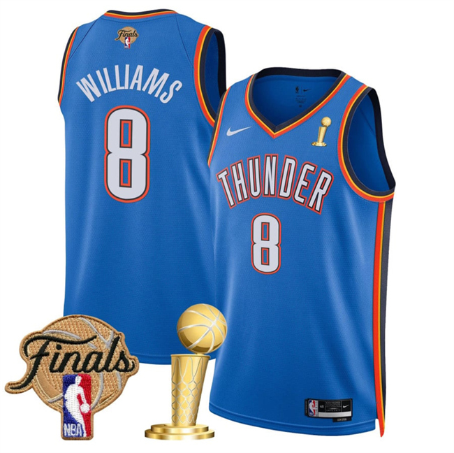 Personalized Men’s Oklahoma City Thunder #8 Jalen Williams Blue 2025 Finals Patch And Finals Champions Patch Icon Edition Stitched Basketball Jersey