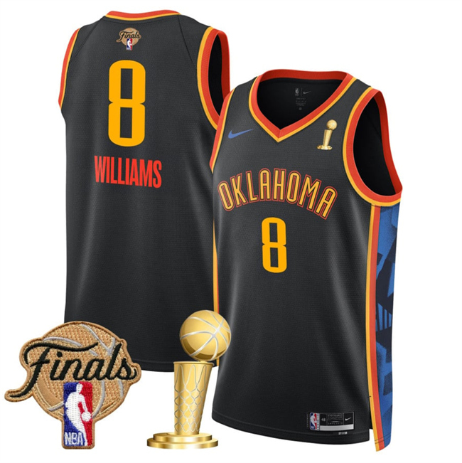 Personalized Men’s Oklahoma City Thunder #8 Jalen Williams Black 2025 Finals Patch And Finals Champions Patch City Edition Stitched Basketball Jersey