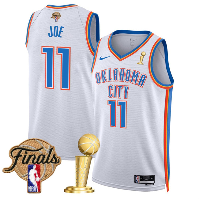 Personalized Men’s Oklahoma City Thunder #11 Isaiah Joe White 2025 Finals Patch And Finals Champions Patch Association Edition Stitched Basketball Jersey