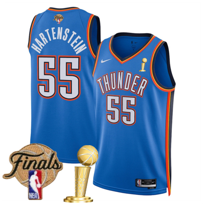Personalized Men’s Oklahoma City Thunder #55 Isaiah Hartenstein Blue 2025 Finals Patch And Finals Champions Patch Icon Edition Stitched Basketball Jersey