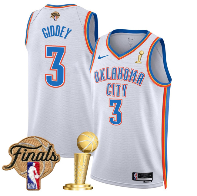 Personalized Men’s Oklahoma City Thunder #3 Dillon Jones White 2025 Finals Patch And Finals Champions Patch Association Edition Stitched Basketball Jersey