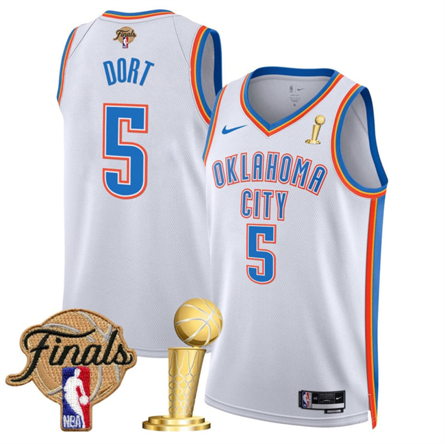 Personalized Men’s Oklahoma City Thunder #5 Luguentz Dort White 2025 Finals Patch And Finals Champions Patch Association Edition Stitched Basketball Jersey