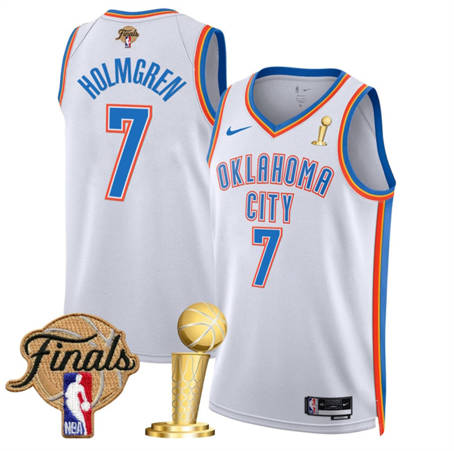 Personalized Men’s Oklahoma City Thunder #7 Chet Holmgren White 2025 Finals Patch And Finals Champions Patch Association Edition Stitched Basketball Jersey