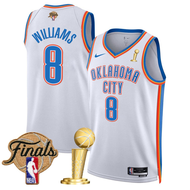 Personalized Men’s Oklahoma City Thunder #8 Jalen Williams White 2025 Finals Patch And Finals Champions Patch Association Edition Stitched Basketball Jersey