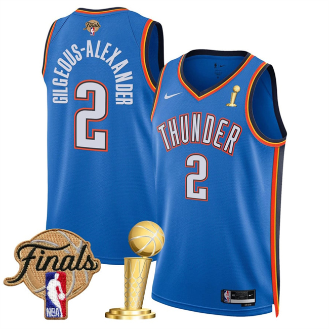 Personalized Men’s Oklahoma City Thunder #2 Shai Gilgeous-Alexander Blue 2025 Finals Patch And Finals Champions Patch Icon Edition Stitched Basketball Jersey