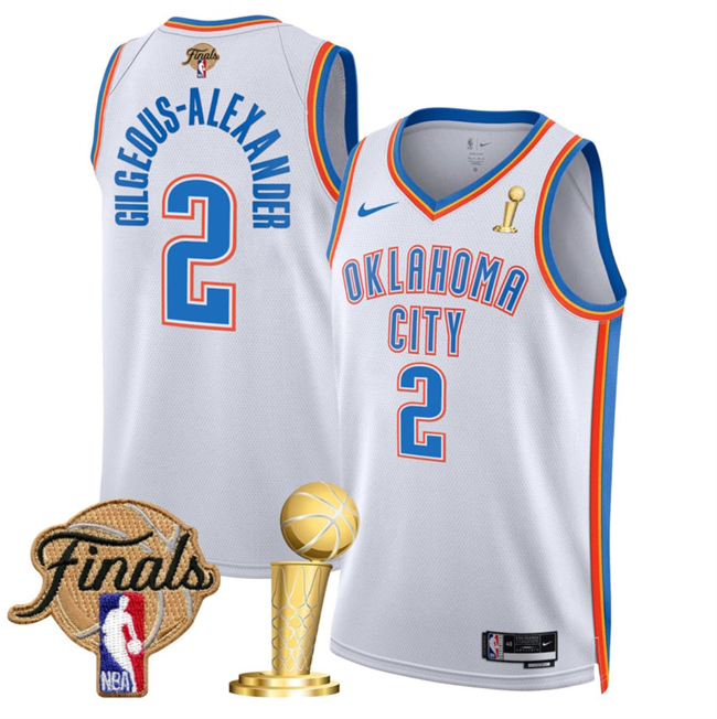 Personalized Men’s Oklahoma City Thunder #2 Shai Gilgeous-Alexander White 2025 Finals Patch And Finals Champions Patch Association Edition Stitched Basketball Jersey