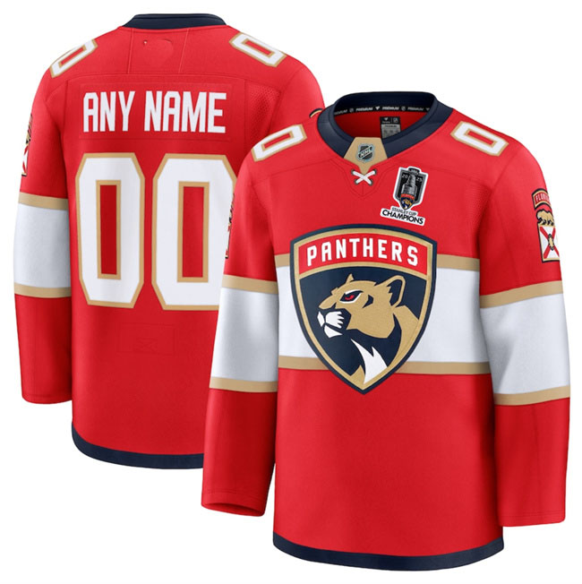 Personalized Men’s Florida Panthers Red Home 2025 Stanley Cup Champions Patch Stitched Hockey Jersey