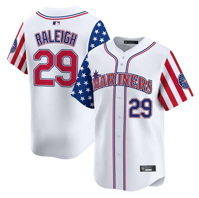 Personalized Men’s Seattle Mariners #29 Cal Raleigh White 2025 Independence Day Limited Stitched jersey