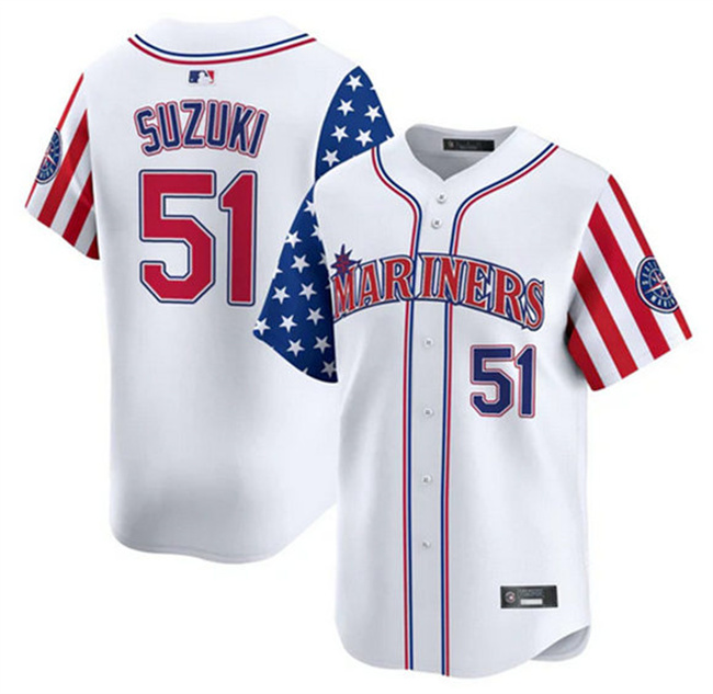 Personalized Men’s Seattle Mariners #51 Ichiro Suzuki White 2025 Independence Day Limited Stitched jersey