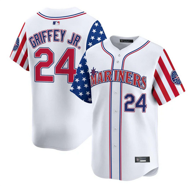 Personalized Men’s Seattle Mariners #24 Ken Griffey Jr. White 2025 Independence Day Limited Stitched jersey