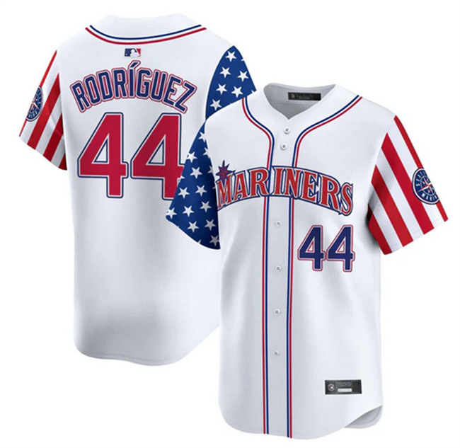 Personalized Men’s Seattle Mariners #44 Julio Rodriguez White 2025 Independence Day Limited Stitched jersey