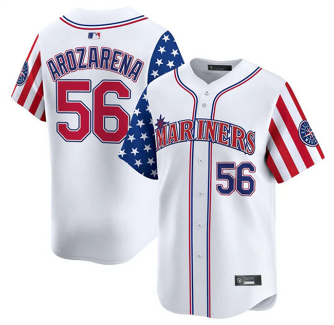 Personalized Men’s Seattle Mariners #56 Randy Arozarena White 2025 Independence Day Limited Stitched jersey