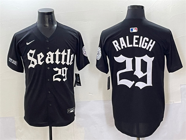 Personalized Men’s Seattle Mariners #29 Cal Raleigh Black ‘Deep Sea Gothic Edition’ Premier Limited Stitched Baseball Jersey