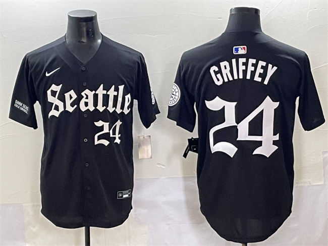 Personalized Men’s Seattle Mariners #24 Ken Griffey Jr. Black ‘Deep Sea Gothic Edition’ Premier Limited Stitched Baseball Jersey