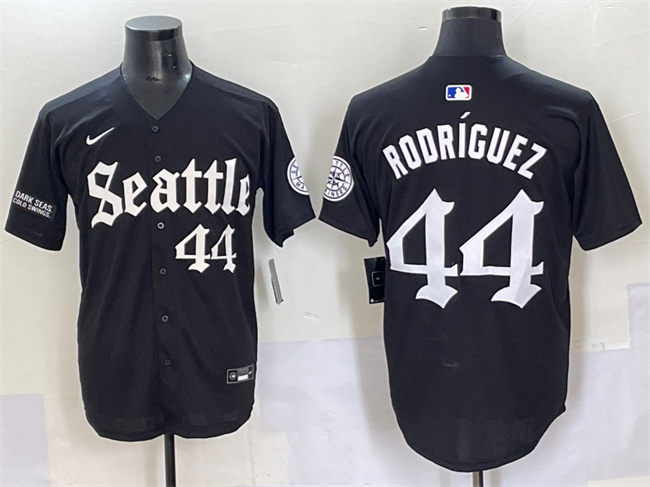 Personalized Men’s Seattle Mariners #44 Julio Rodriguez Black ‘Deep Sea Gothic Edition’ Premier Limited Stitched Baseball Jersey