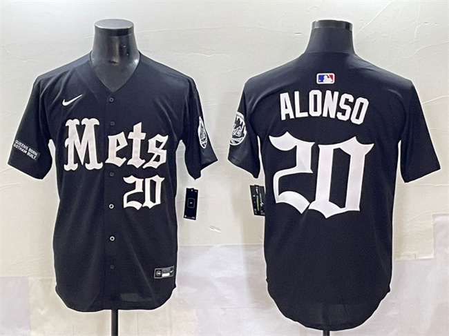 Personalized Men’s New York Mets #20 Pete Alonso Black ‘Gotham Gothic Edition’ Premier Limited Stitched Baseball Jersey