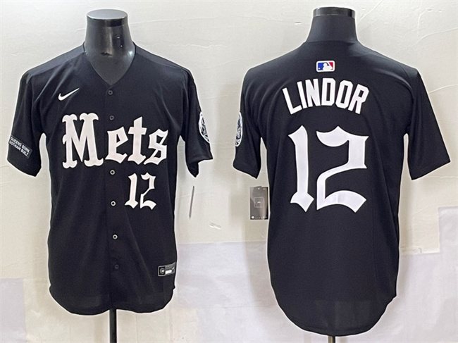 Personalized Men’s New York Mets #12 Francisco Lindor Black ‘Gotham Gothic Edition’ Premier Limited Stitched Baseball Jersey